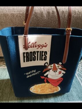 Anya Hindmarch Navy Felt Kellogg's Frosties Tote with Brown Straps